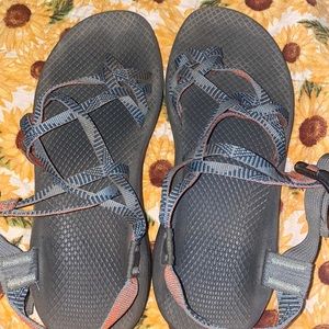 Blue and pink Chacos